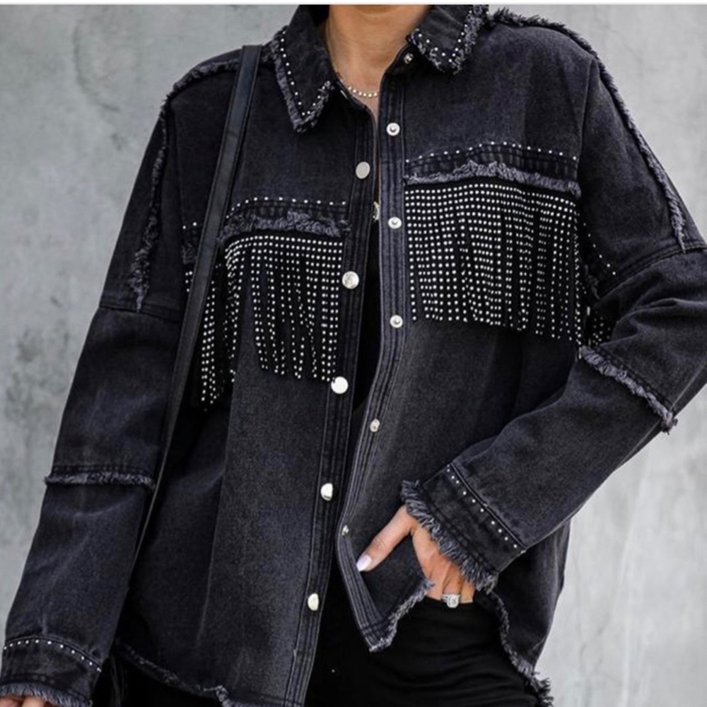 Vici Distressed Jean Jacket with Rhinestone Fringe (Size SM but oversized fit)